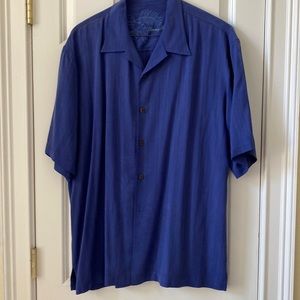 Tommy Bahama Silk short sleeve Shirt in Bue with subtle Palm Trees Background